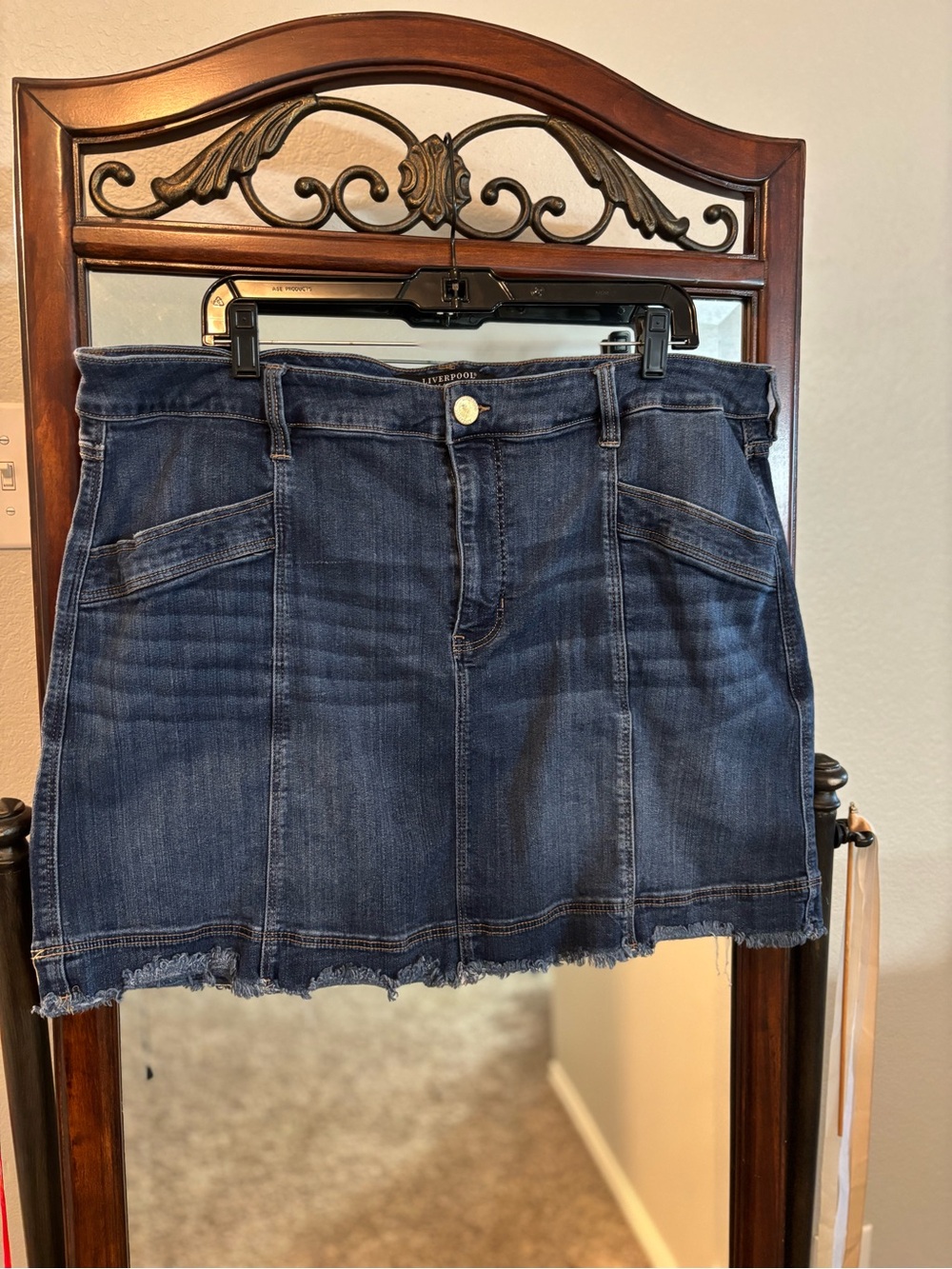 Liverpool Dark Blue Denim Mini Skirt with Frayed Hem